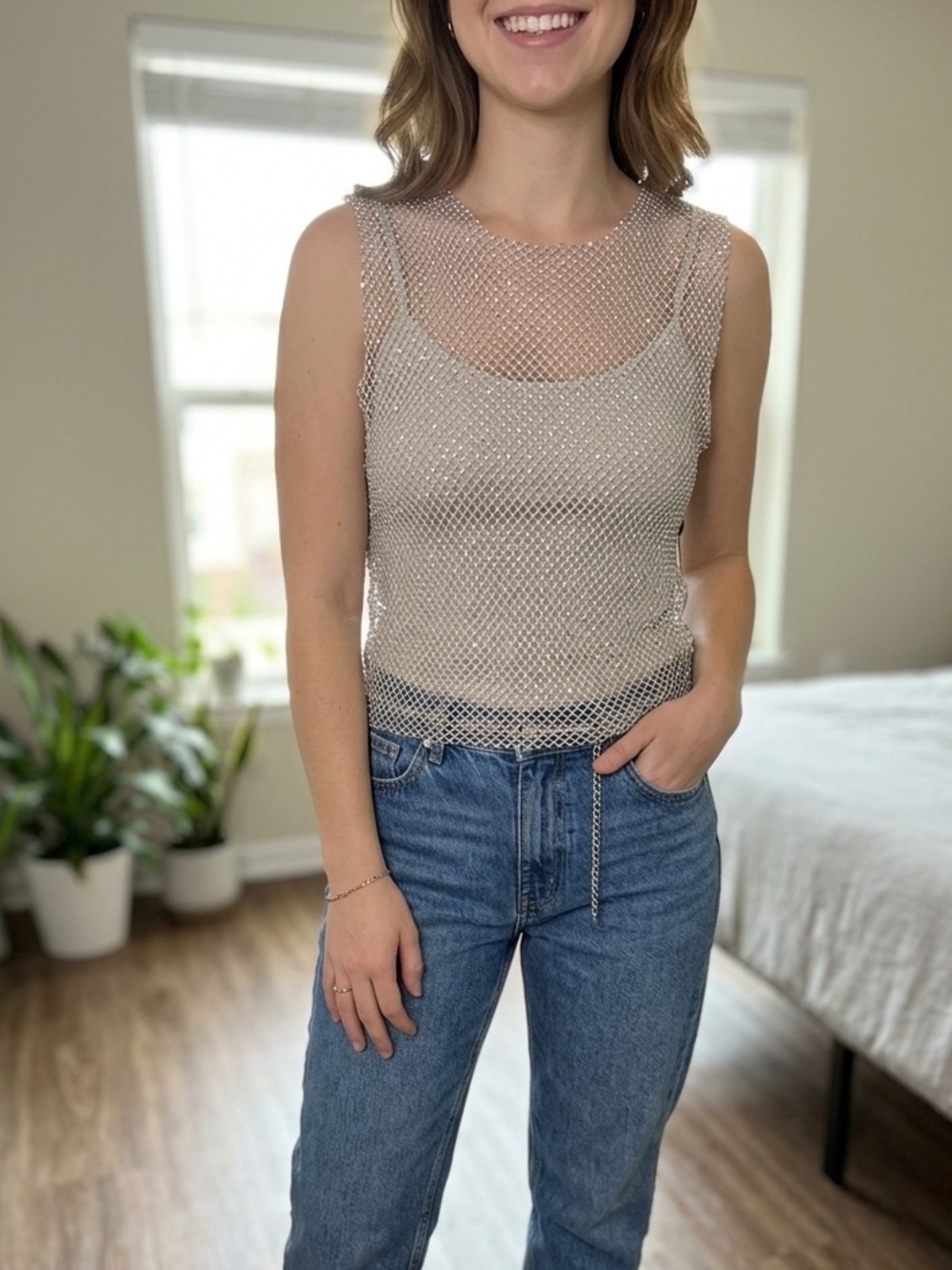 Haute Monde Silver Sequin Mesh Top